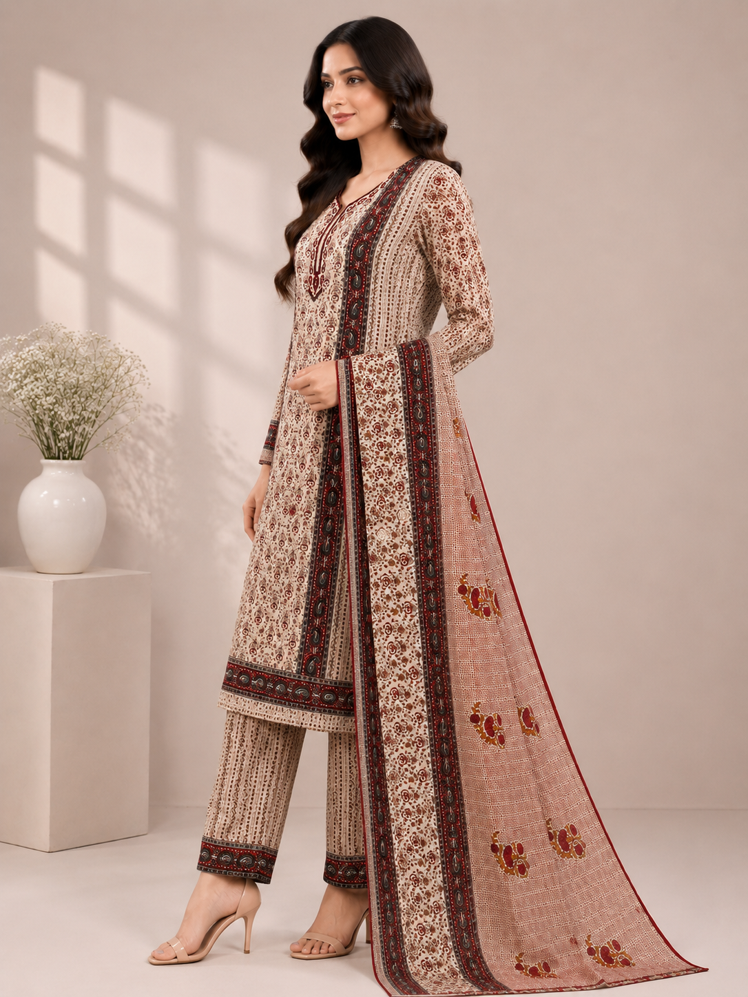 Women’s Brown Printed Unstitched Suit Set with Matching Pants & Printed Dupatta