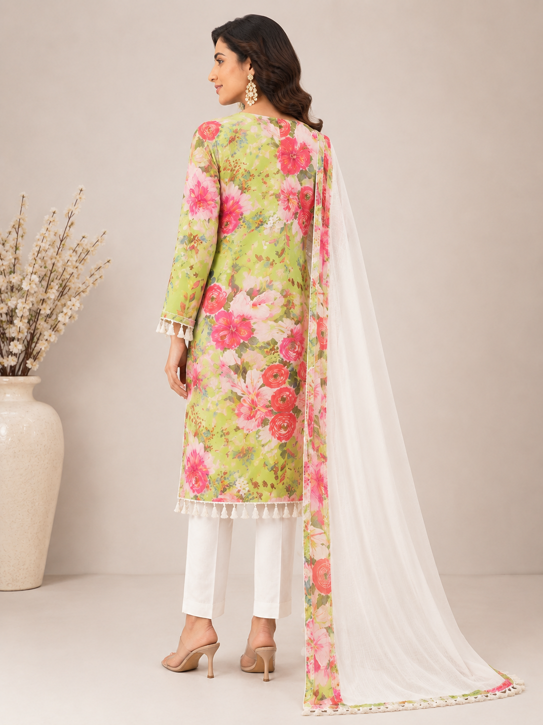Women’s Lime Floral Handwork Embroidered Cotton Kurta Set with Dupatta