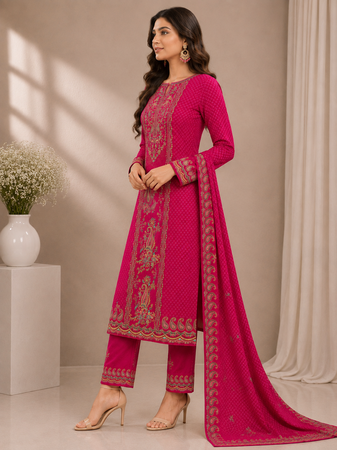 Women’s Magenta Printed Unstitched Suit Set with Designer Kurta, Matching Pants & Dupatta