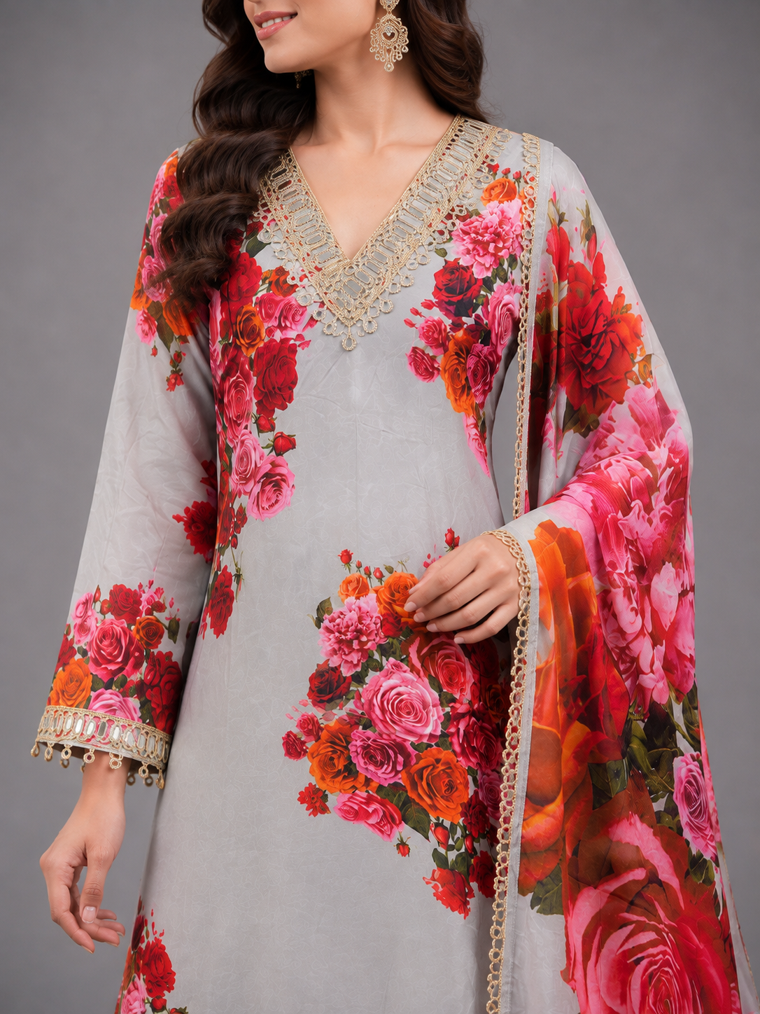 Women Light Grey Floral Printed Unstitched Suit Set with V-Neck Gota Patti Border & Matching Dupatta