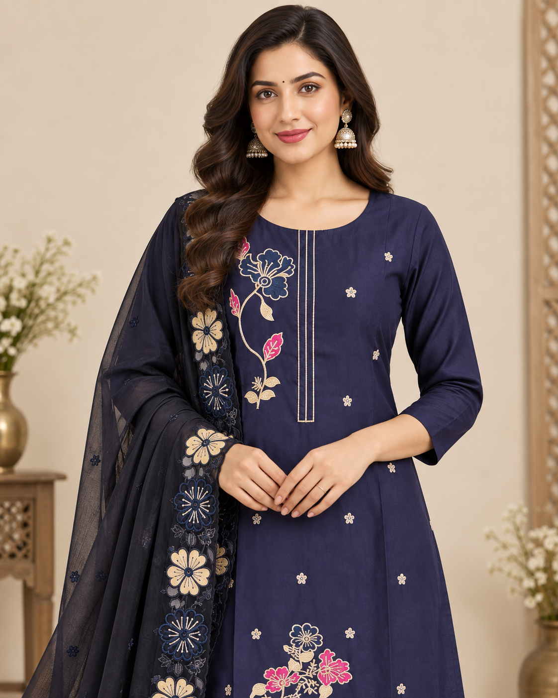 A woman models a navy blue ethnic salwar kameez suit with floral embroidery and a matching dupatta in a decorated indoor setting.