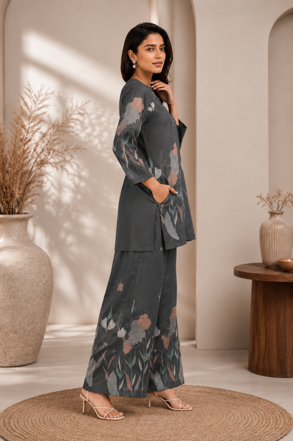 Twilight Garden Premium Viscose Grey Co-ord Set