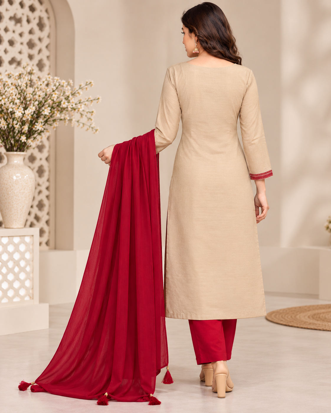 Beige and Maroon Peacock Embroidered Unstitched Salwar Suit Set with Matching Dupatta for Women