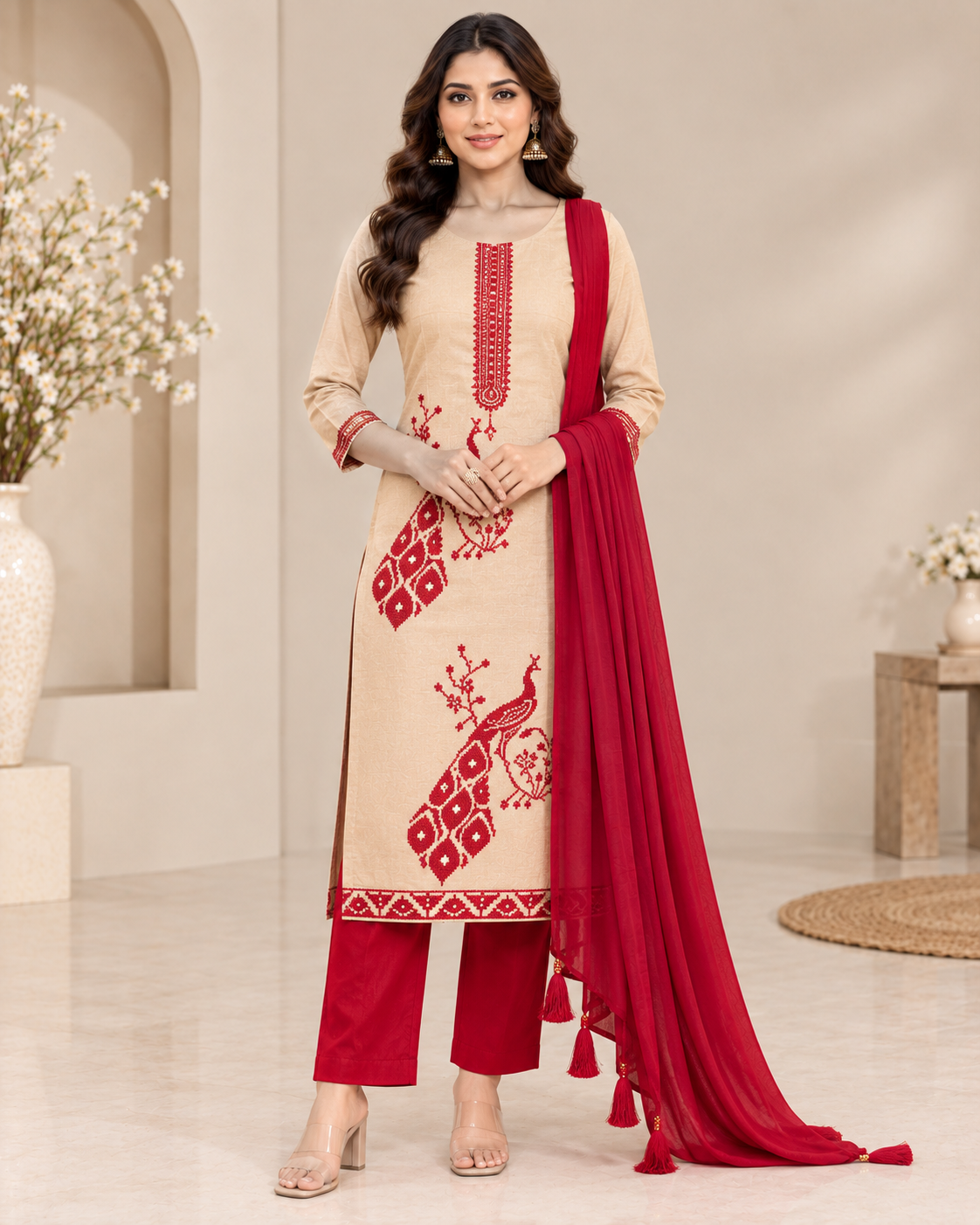 Beige and Maroon Peacock Embroidered Unstitched Salwar Suit Set with Matching Dupatta for Women