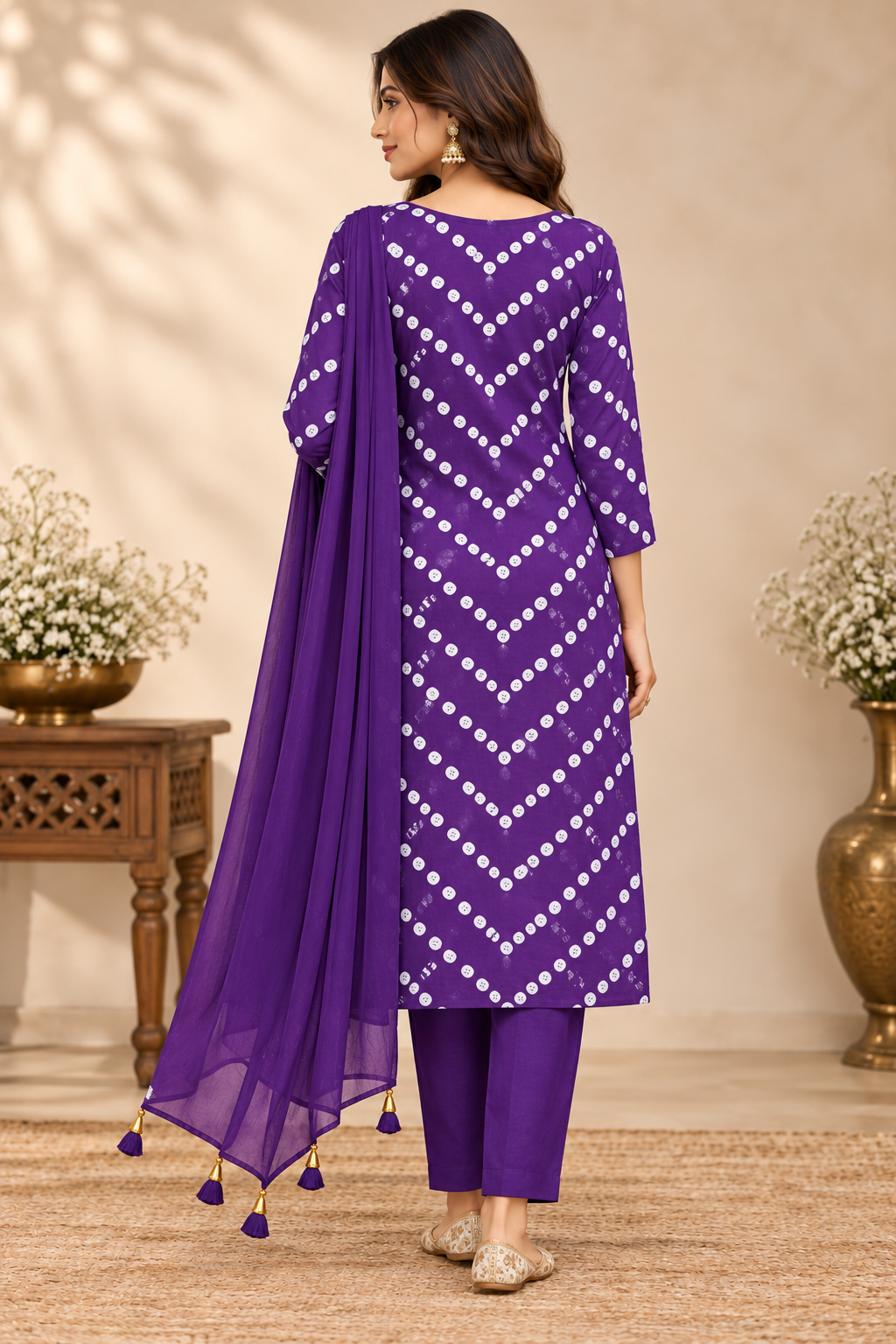 A woman models a purple ethnic salwar kameez suit with white geometric patterns, matching pants, and a sheer dupatta draped over her arm, set against a warm beige background with decorative plants.