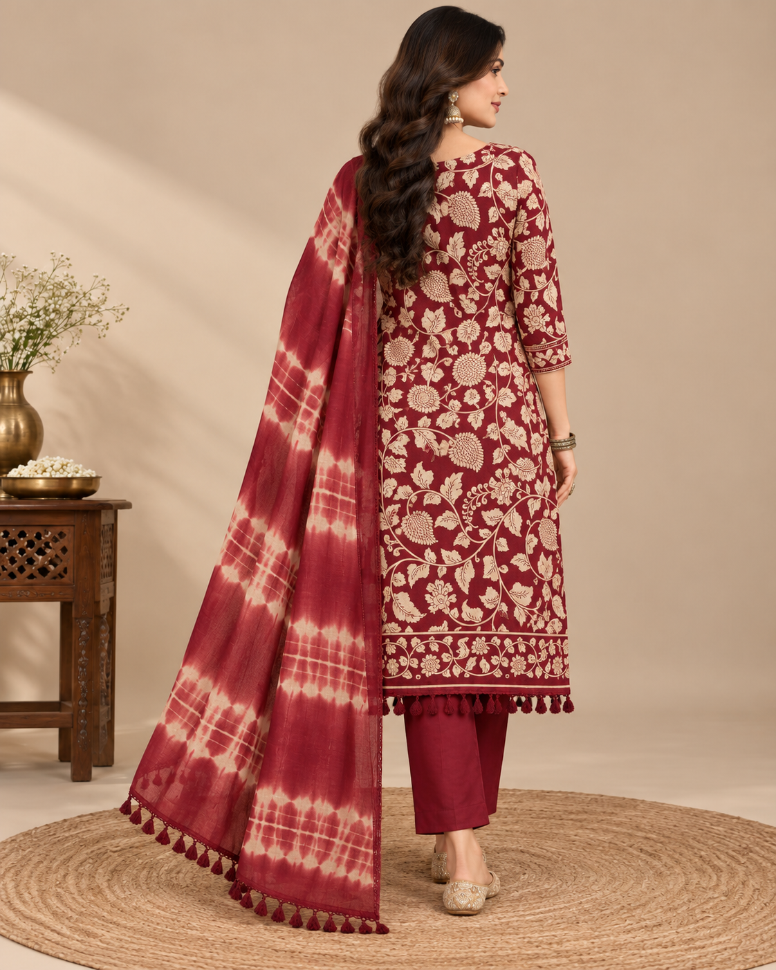 A woman models a traditional Indian salwar kameez suit set in maroon and beige. The set includes a heavily embroidered kameez tunic, matching trousers, and a tie-dye patterned dupatta with tassels, set against a warm beige studio background with a wooden side table and vase.