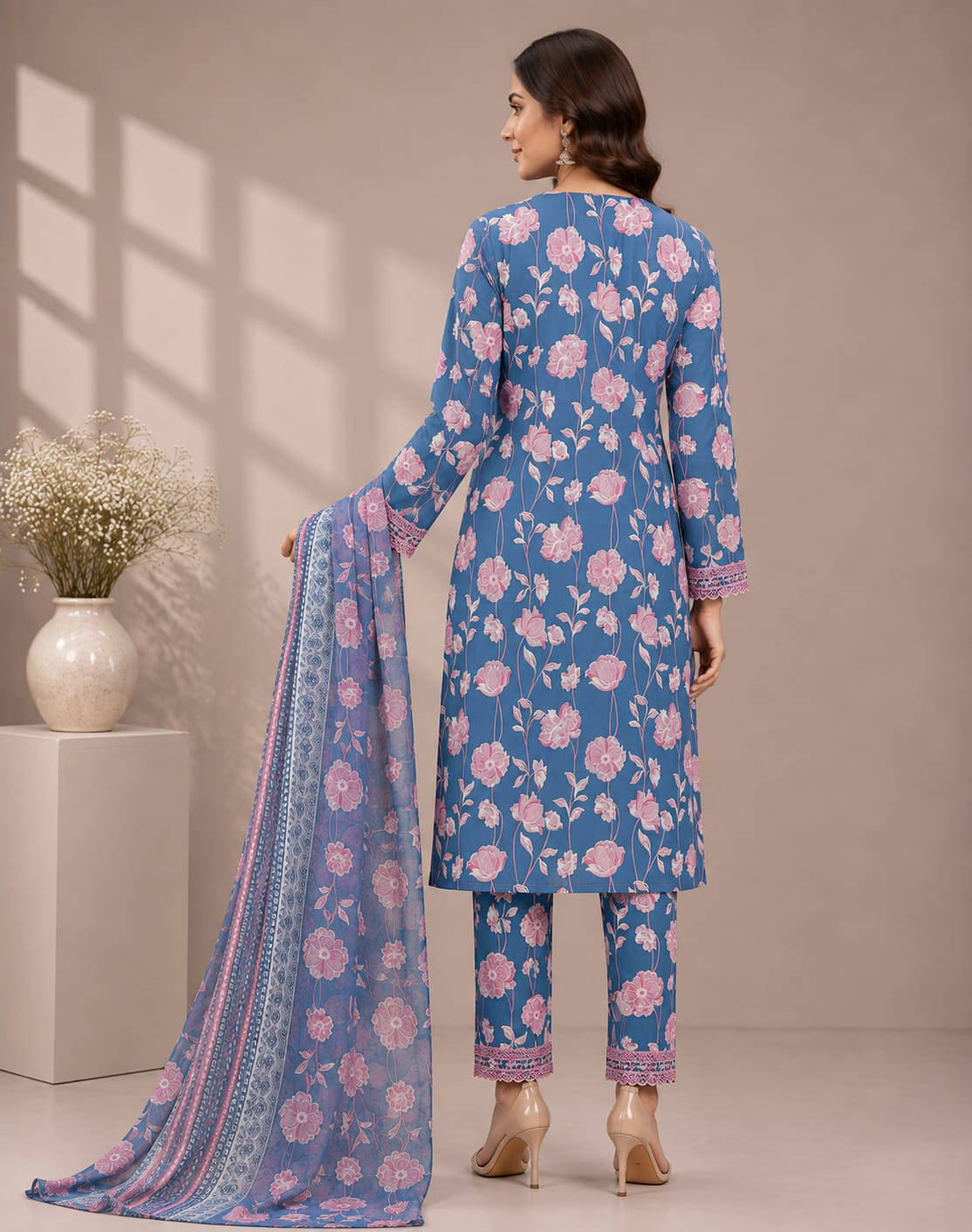 Women’s Blue Floral Printed Jam Satin Unstitched Suit Set with Embroidered Neck, Matching Bottom & Printed Dupatta
