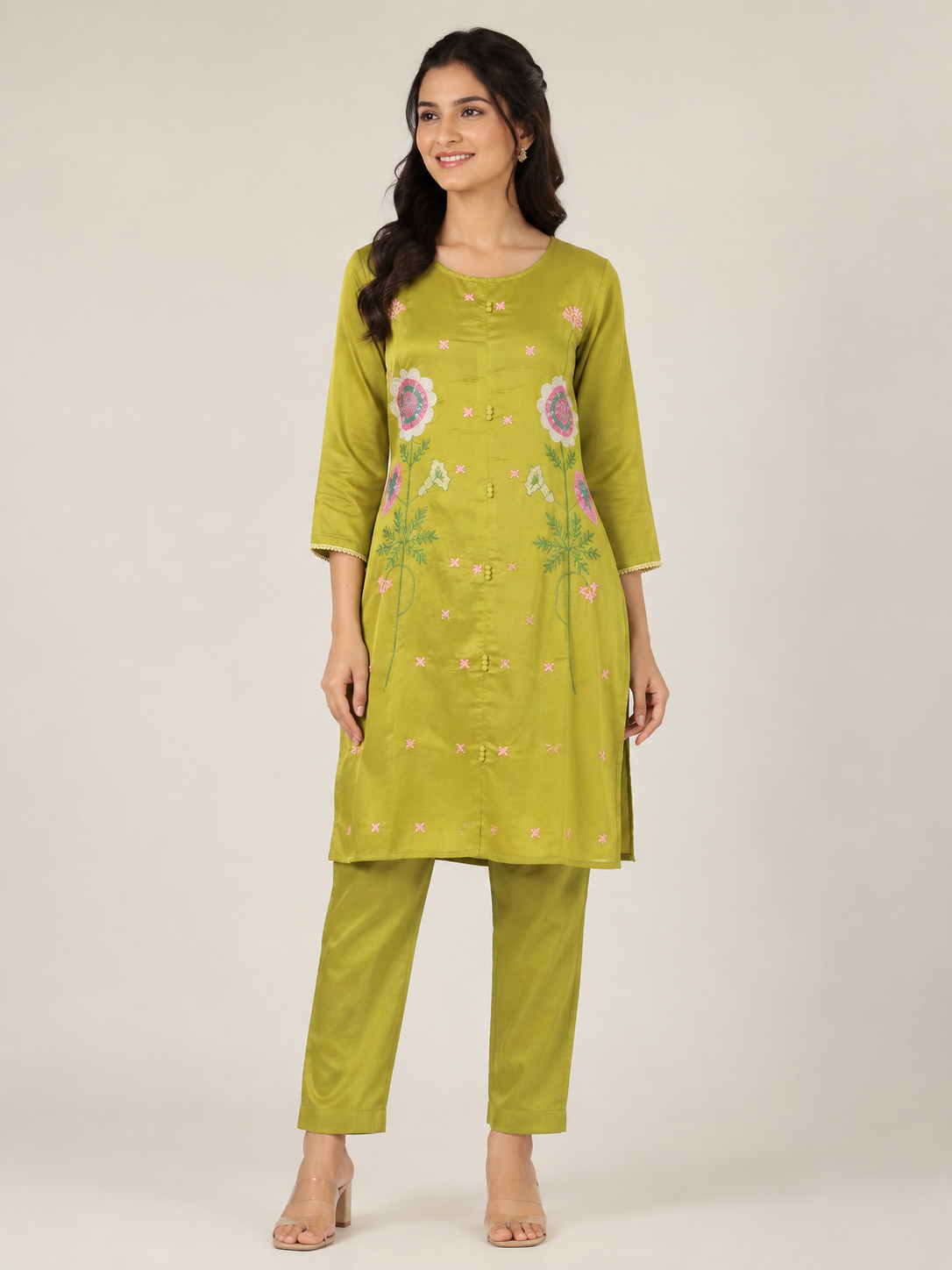 Women’s Olive Green Floral Embroidered Mul Chanderi Co-ord Set