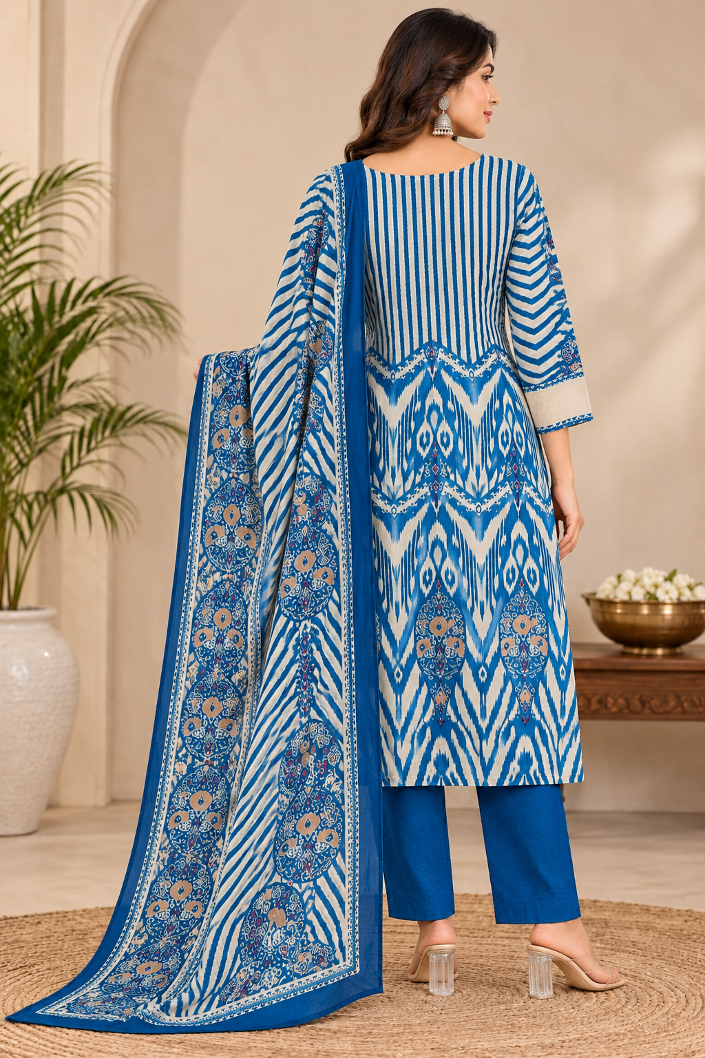 Blue & White Printed Readymade Anarkali Suit Set with Matching Dupatta & Straight Pants for Women