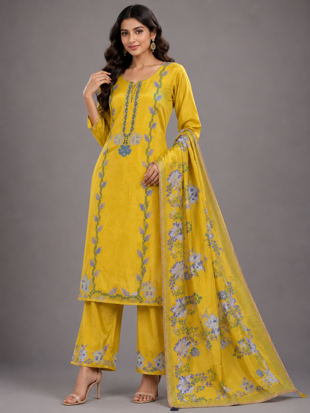Women Mustard Yellow Thread Embroidered Unstitched Suit Set with Floral Border Detail & Matching Printed Dupatta