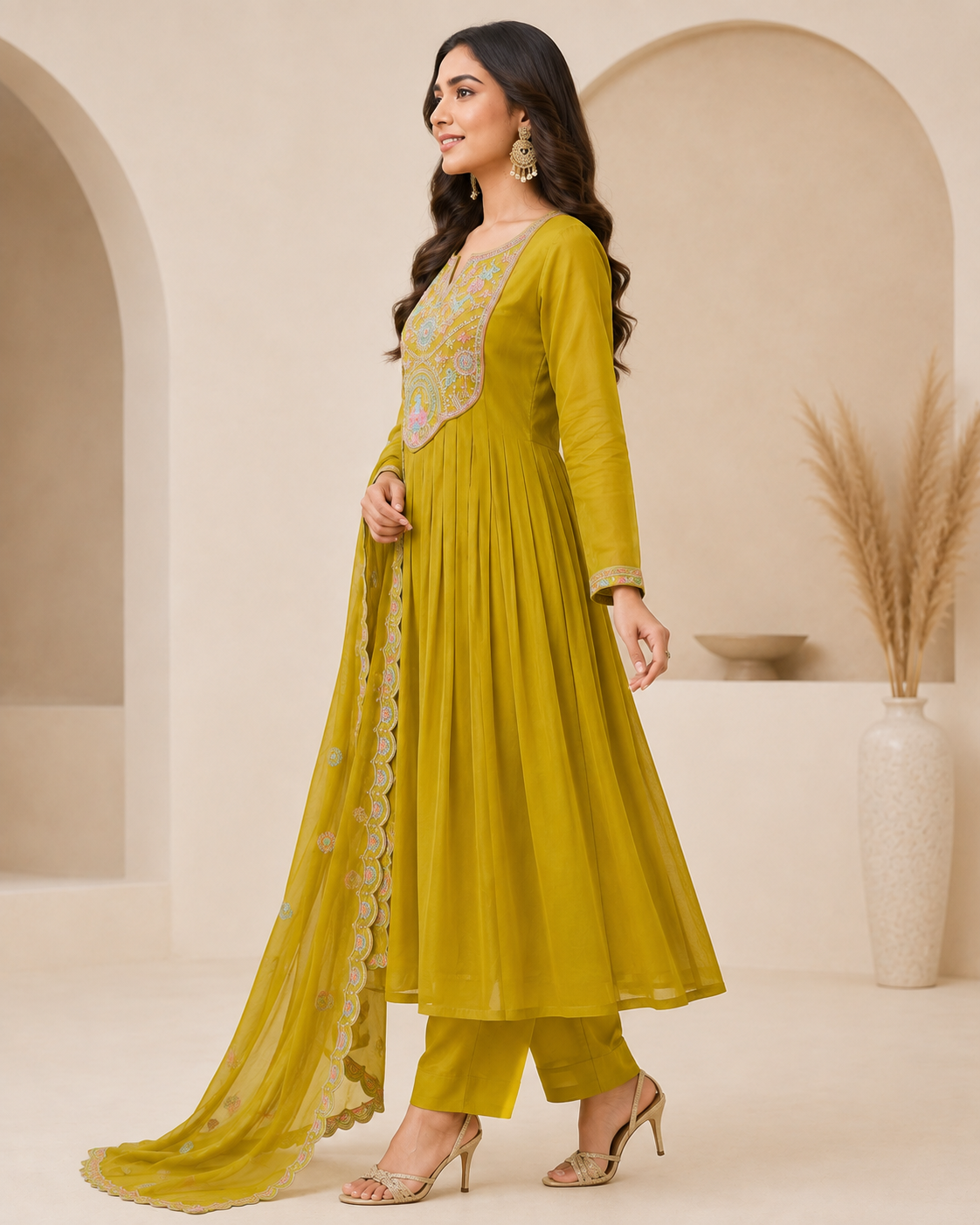 Women’s Mustard Yellow Embroidered Mul Chanderi Alankari Kurta Set with Dupatta