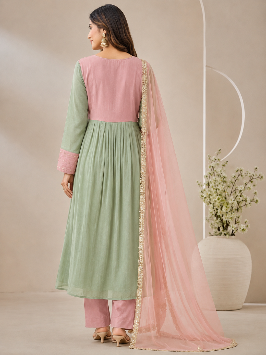 Women’s Pink & Green Alankari Style Embroidered Mul Chanderi Kurta Set with Dupatta