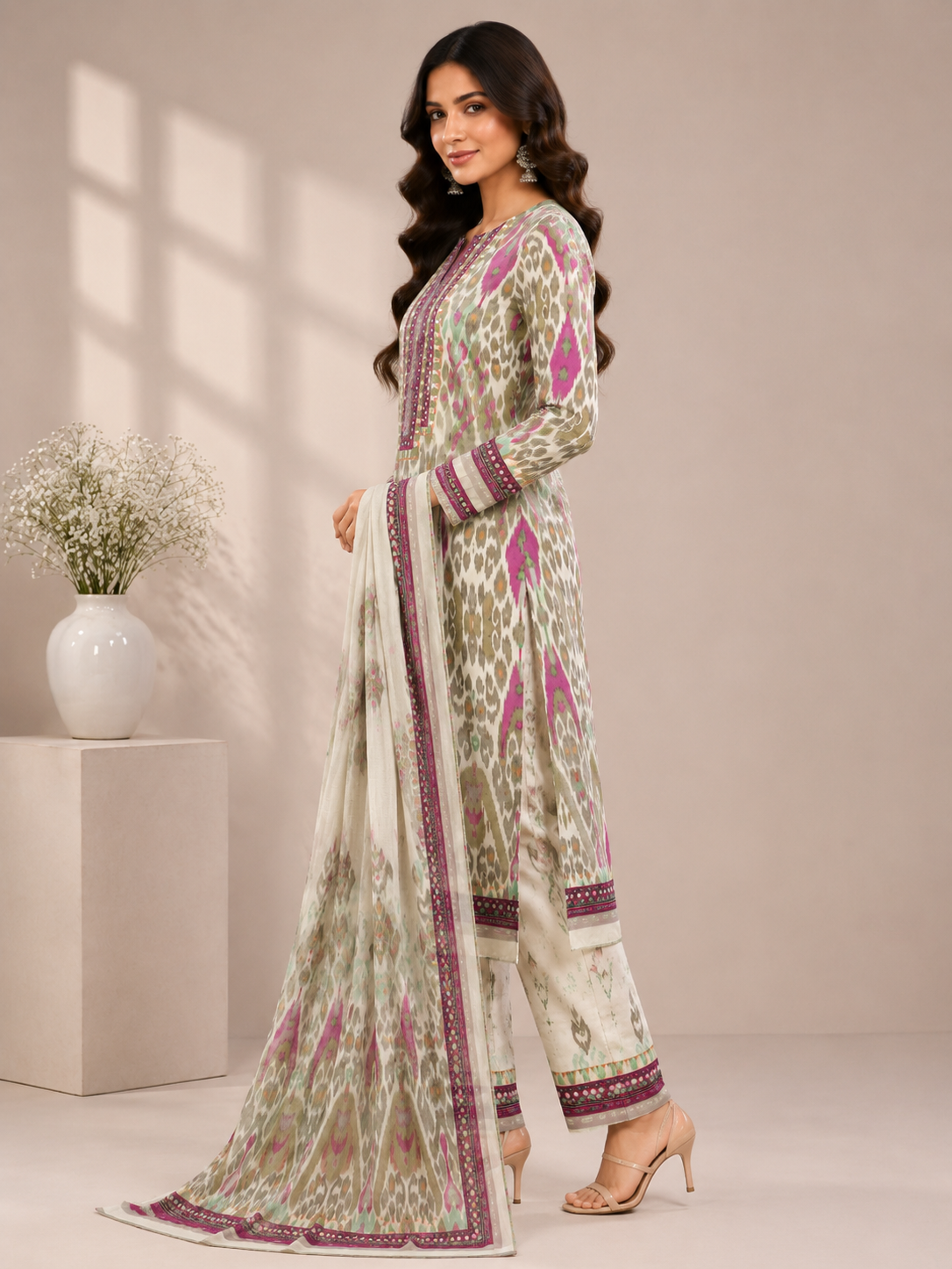 Women’s Multicolor Printed Unstitched Suit Set with Embroidered Neck, Matching Pants & Dupatta