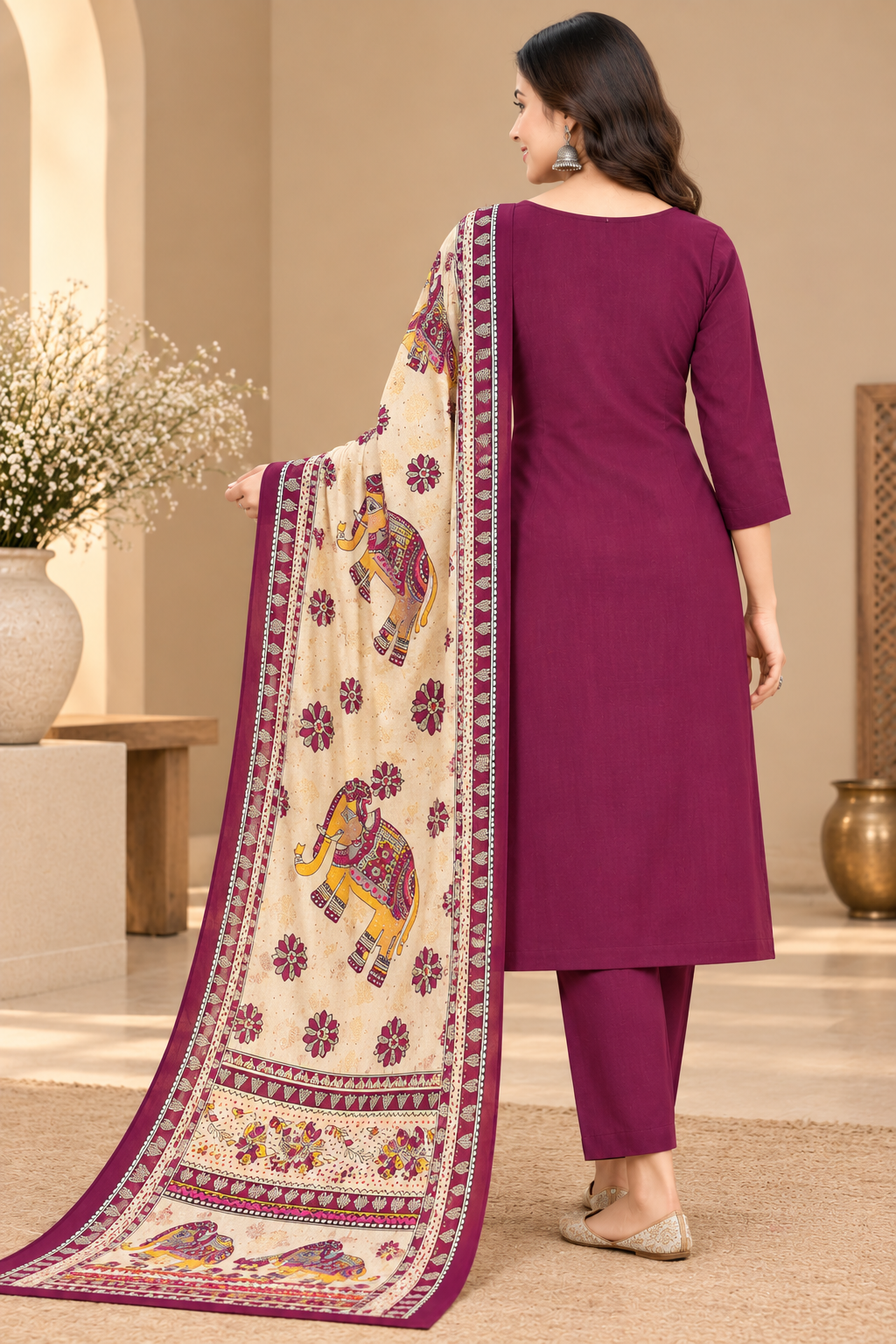 Women’s Magenta and Cream Printed Ethnic Suit Set with Elephant Motif Dupatta | Designer Indian Traditional Wear for Women