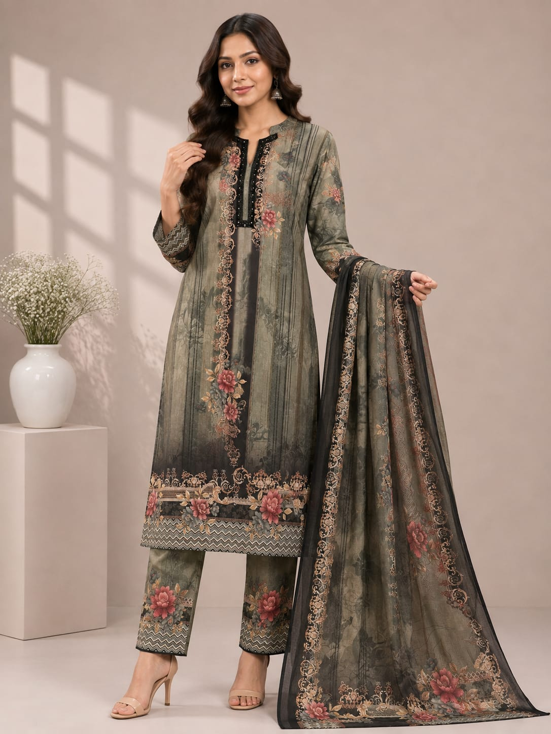 Women’s Olive Green Floral Printed Jam Satin Unstitched Suit Set with Embroidered Neck, Matching Bottom & Printed Dupatta