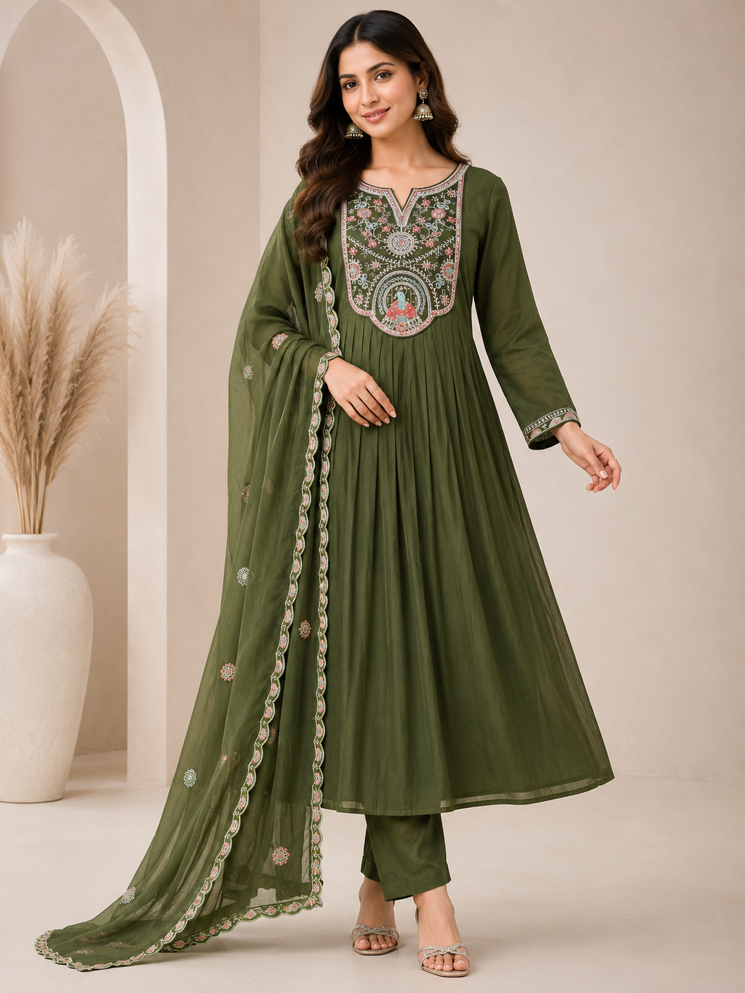 Women’s Olive Green Embroidered Mul Chanderi Alankari Kurta Set with Dupatta