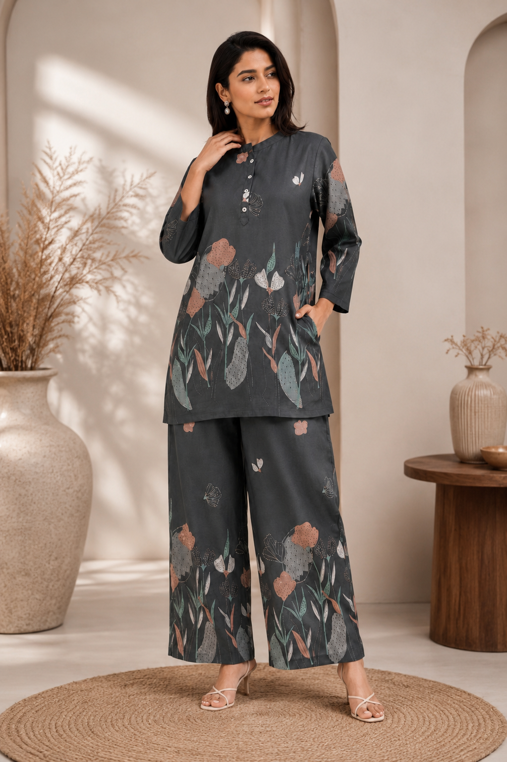Twilight Garden Premium Viscose Grey Co-ord Set