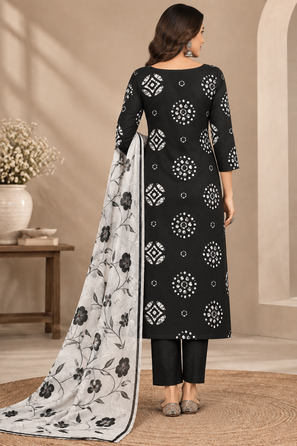Elegant Monochrome Floral Print Dress Material, Designer Fabric Printed Suit Material with Dupatta | Ethnic Dress Material