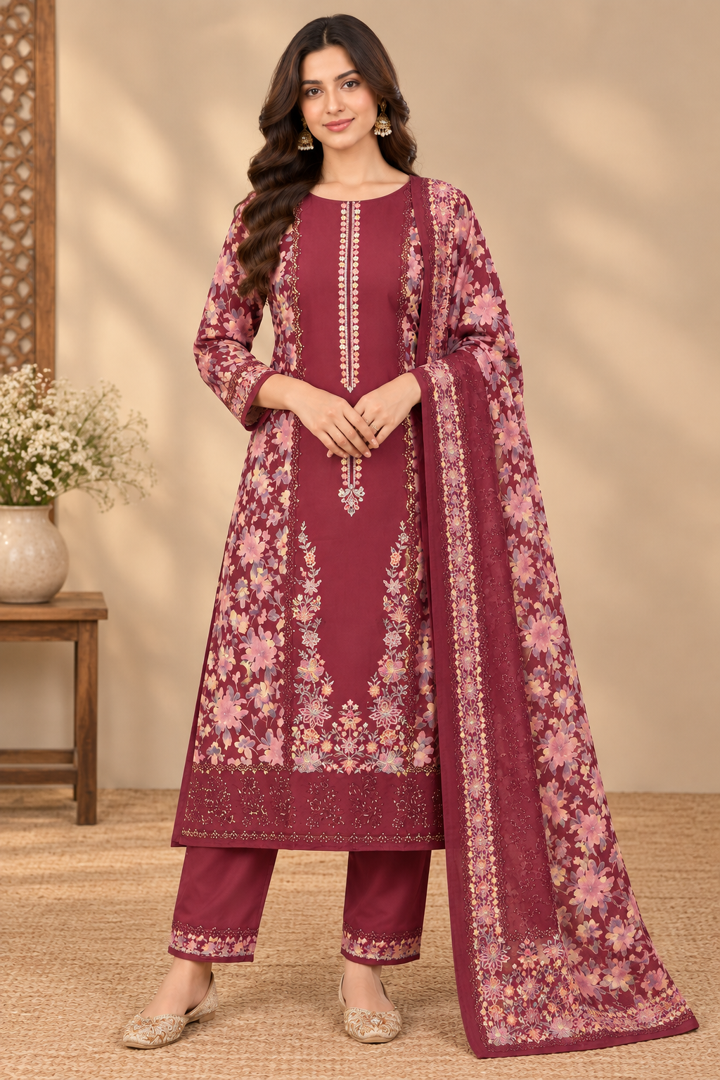 A woman models a traditional Indian salwar kameez suit set in deep maroon. The set features a long-sleeved tunic with intricate floral embroidery and gold zari detailing, matching trousers, and a coordinating dupatta with a floral border.