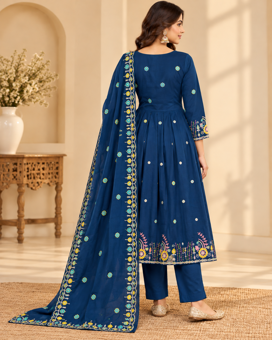A woman modeling a deep blue traditional Indian salwar kameez suit with matching dupatta, featuring light blue and yellow floral embroidery, shown in a warm, sunlit indoor setting.