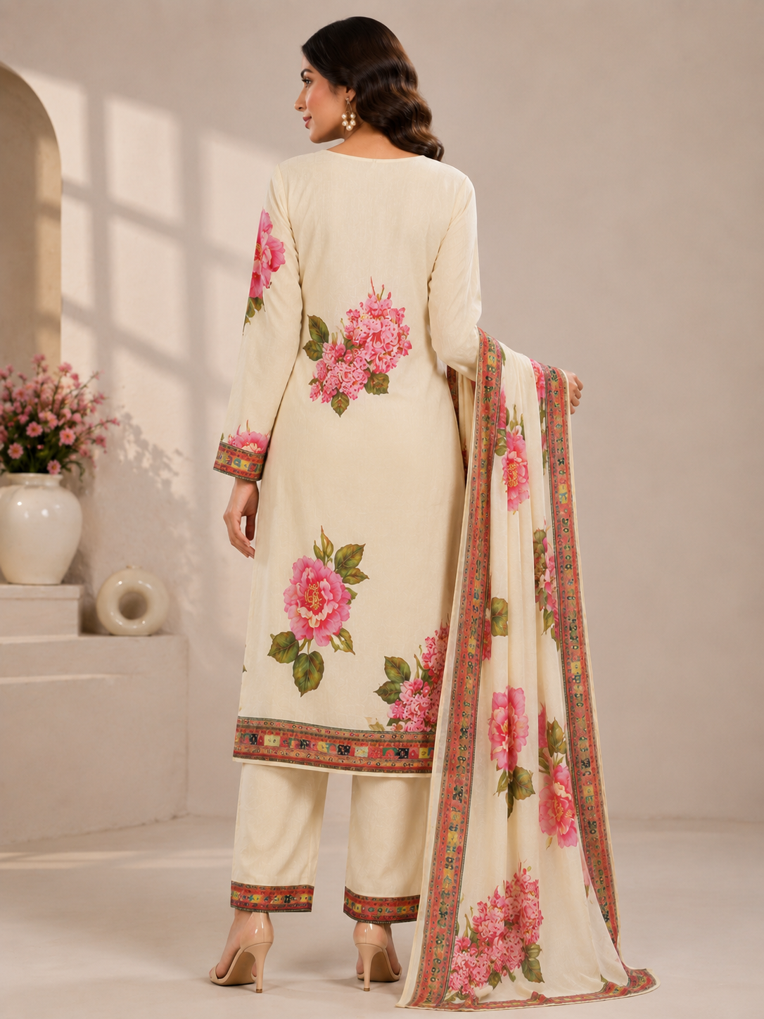 Women’s Floral Printed Jam Satin Unstitched Suit Set with Embroidered Neck & Matching Dupatta