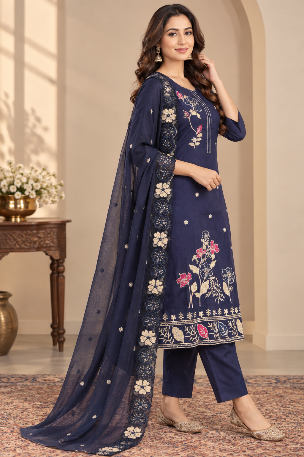 A woman models a navy blue ethnic salwar kameez suit with floral embroidery and a matching dupatta in a decorated indoor setting.