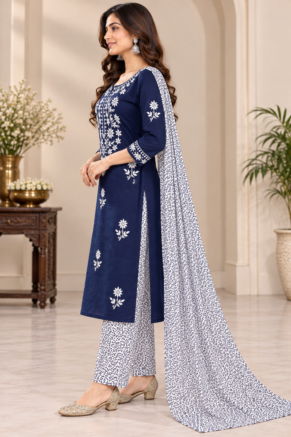 A woman models a navy blue salwar kameez suit with intricate white embroidery, matching patterned trousers, and a coordinating patterned dupatta in an indoor setting.