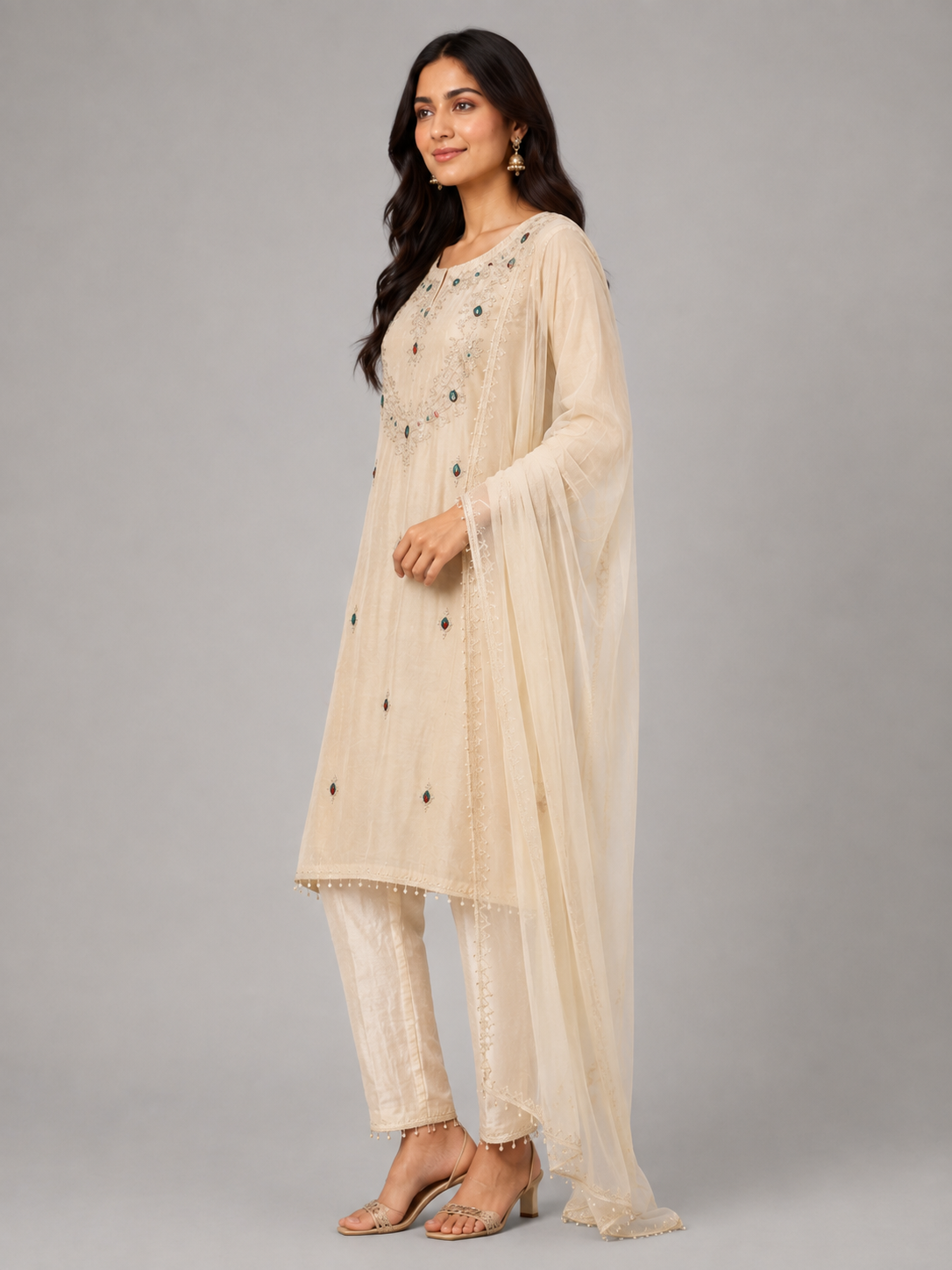 Women’s Ivory Shimmer Silk Embroidered Kurta Pant Set with Dupatta