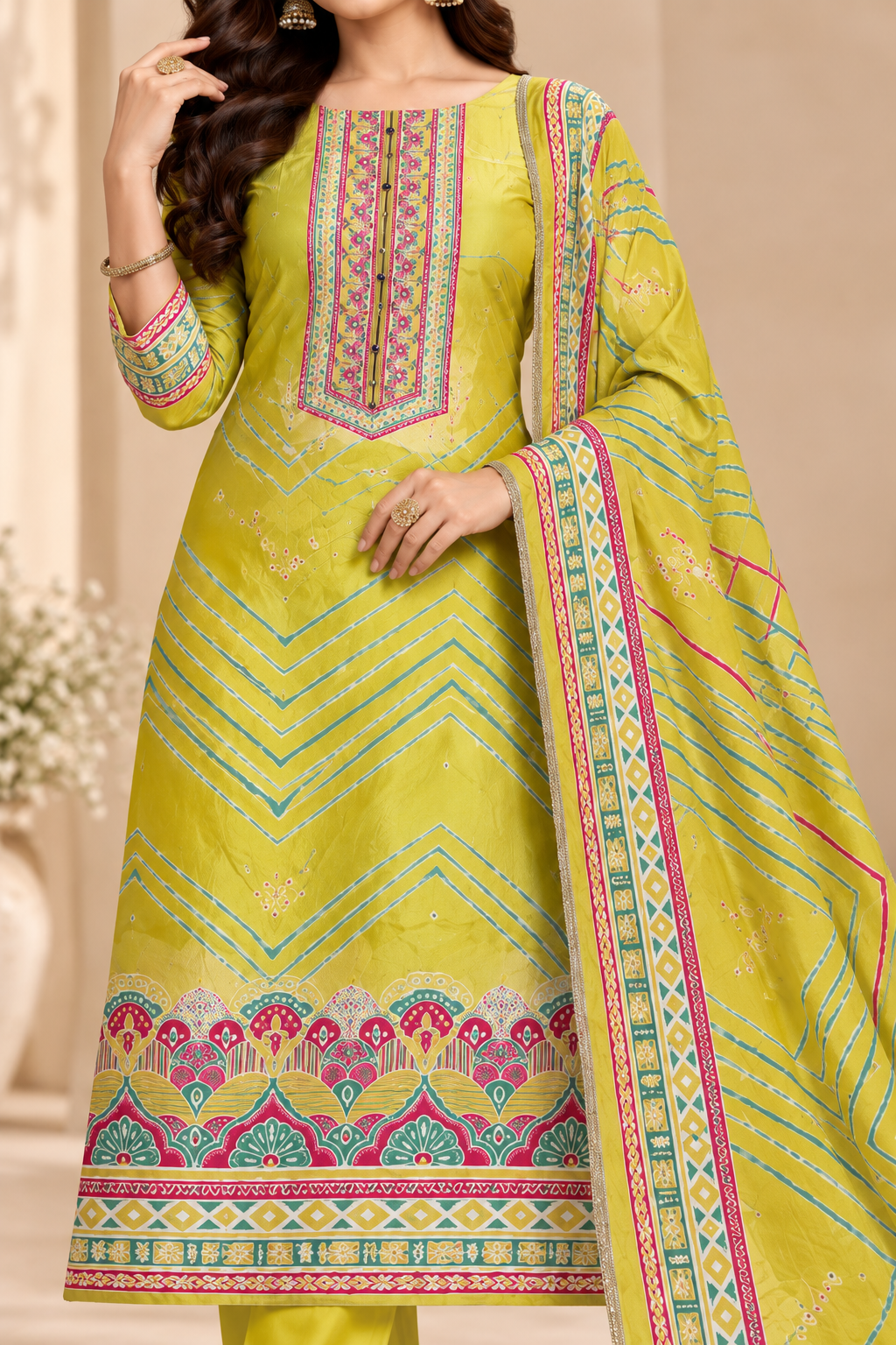 A woman models a traditional Indian salwar kameez suit set in a warm beige interior setting. The set consists of a bright yellow-green kurta with colorful geometric and floral patterns, matching yellow-green trousers, and a coordinating dupatta.