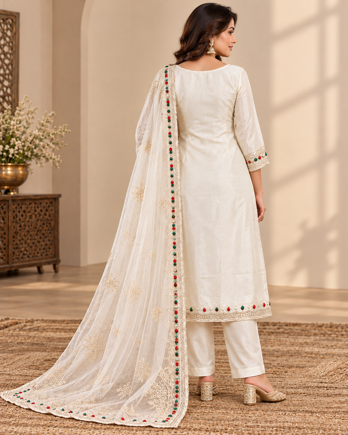 Elegant White Embroidered Readymade Suit Set with Matching Bottom & Dupatta | Party Wear Salwar Suit for Women