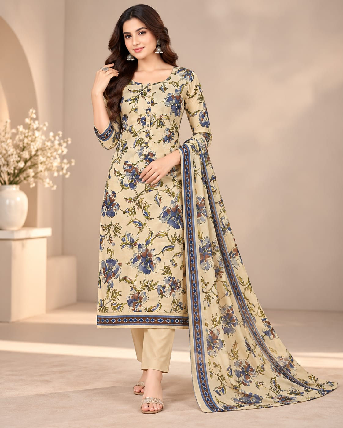 Women Cream Floral Printed Unstitched 3-Piece Suit Set with Blue Floral Print, Matching Bottom & Dupatta