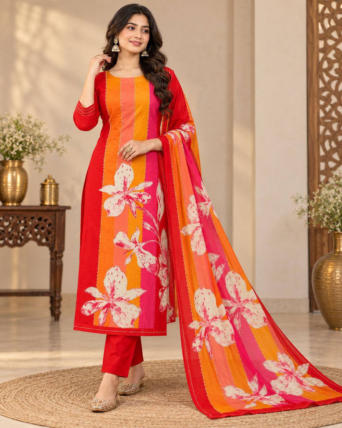 Red Orange Pink Floral Printed Unstitched Salwar Suit Set with Matching Designer Dupatta for Women