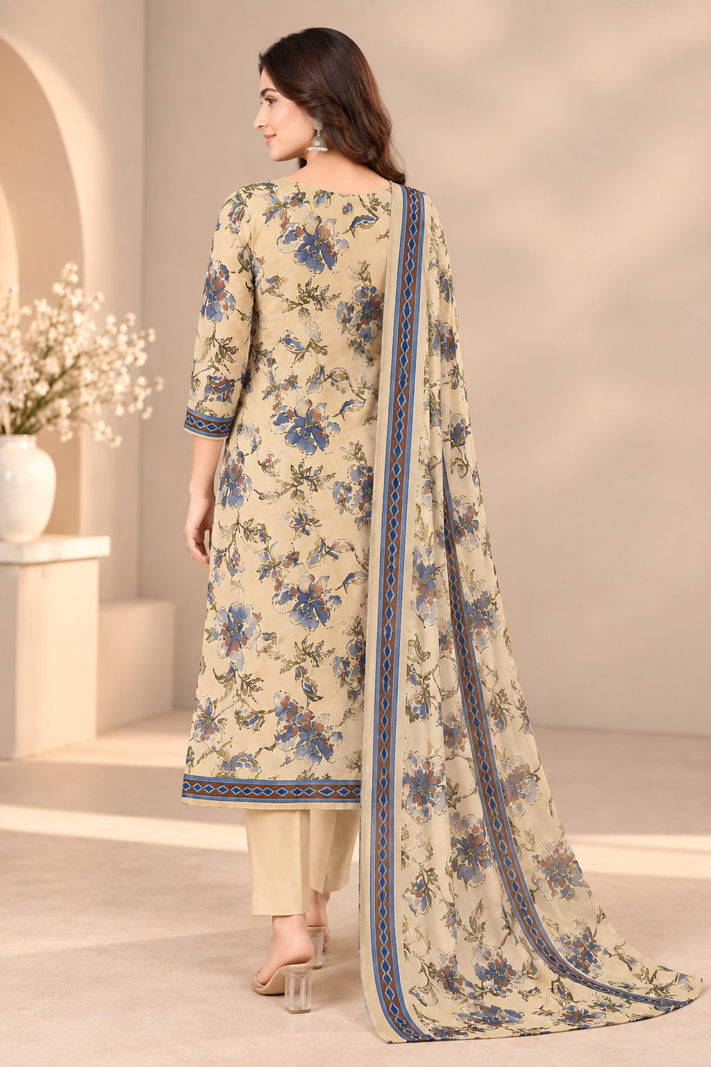 Women Cream Floral Printed Unstitched 3-Piece Suit Set with Blue Floral Print, Matching Bottom & Dupatta