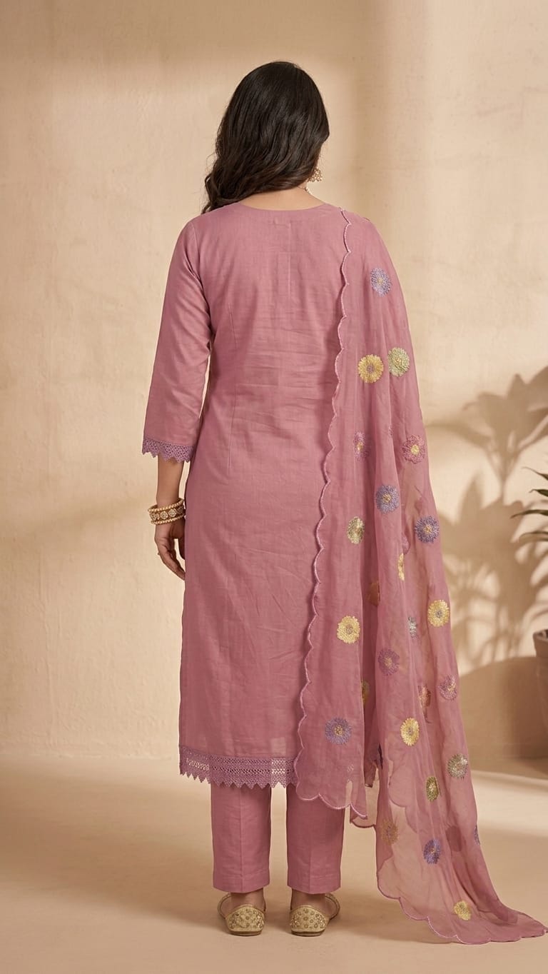 A woman models a pink ethnic salwar kameez suit with floral embroidery and a matching dupatta, set against a warm beige background with soft shadow details.