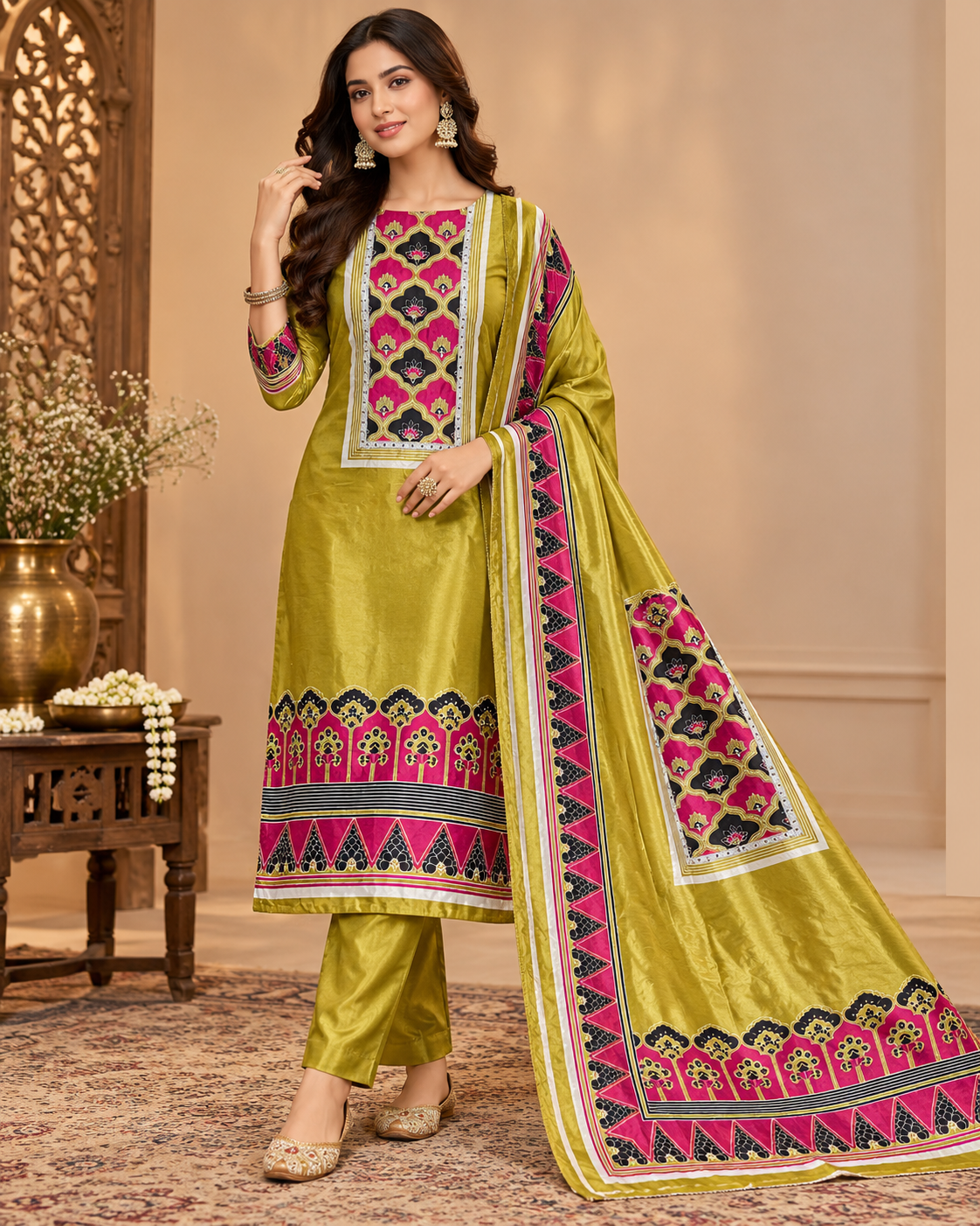 Olive Green & Pink Geometric Printed Unstitched 3-Piece Suit Set with Designer Dupatta
