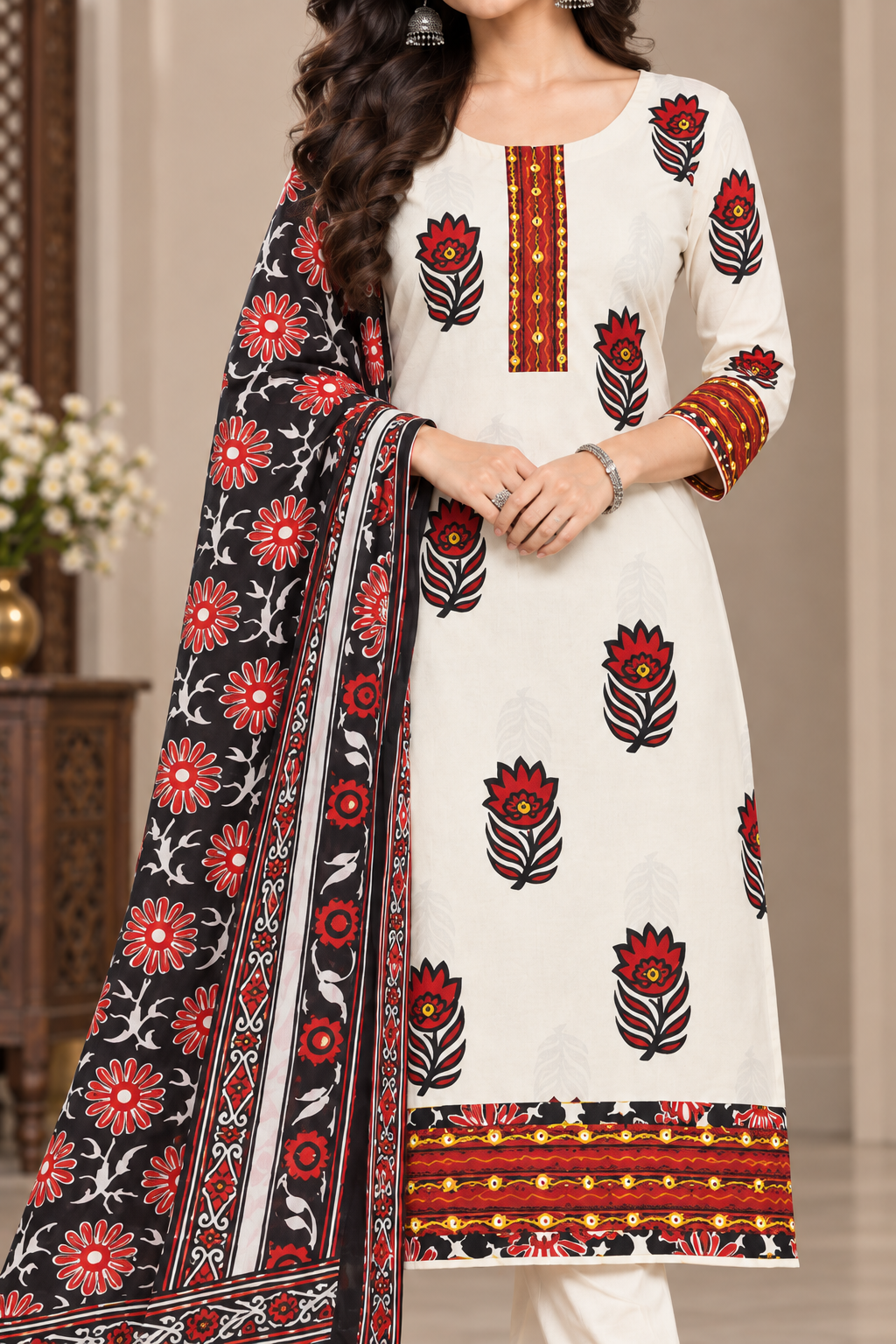 Black & Red Floral Printed Dupatta Dress Materia, Designer Fabric Printed Suit Material with Dupatta | Ethnic Dress Material