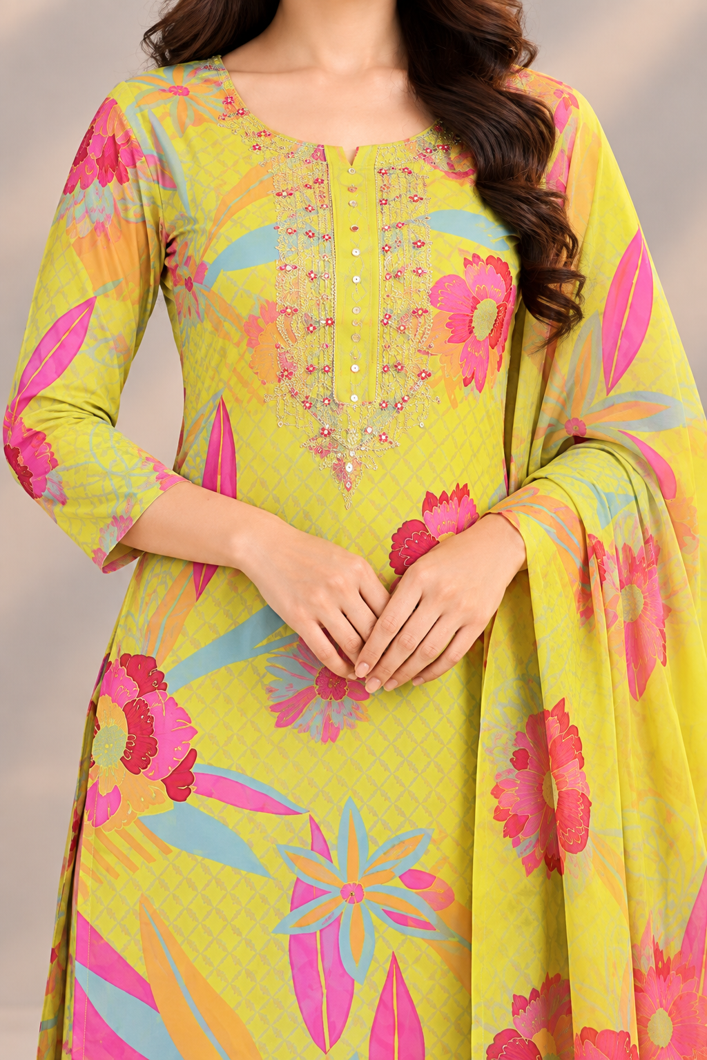 Lime Yellow Floral Printed Suit Set | Designer 3-Piece Salwar Suit with Embroidered Neck & Matching Dupatta