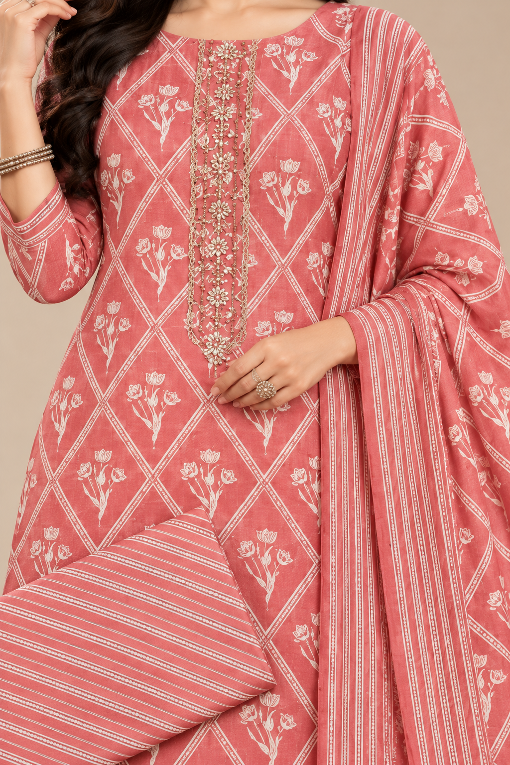 Women Pink Floral Printed Unstitched 3-Piece Suit Set with Embroidered Neckline & Matching Printed Dupatta