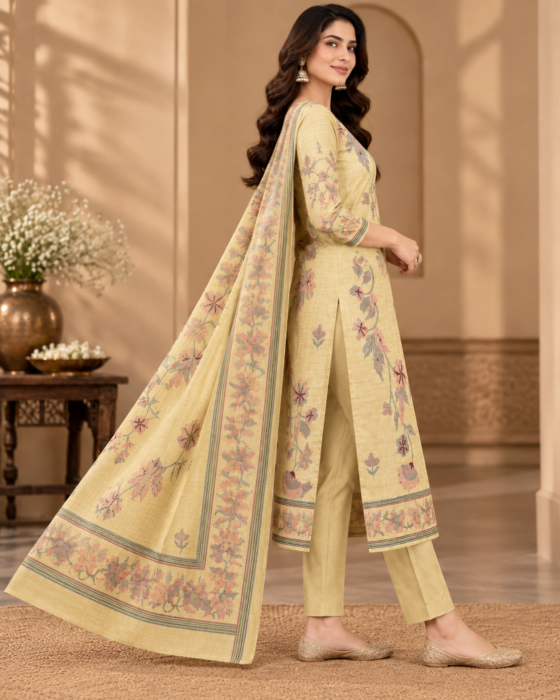 Women Yellow Embroidered 3-Piece Suit Set with Printed Kurta, Matching Pant & Solid Dupatta