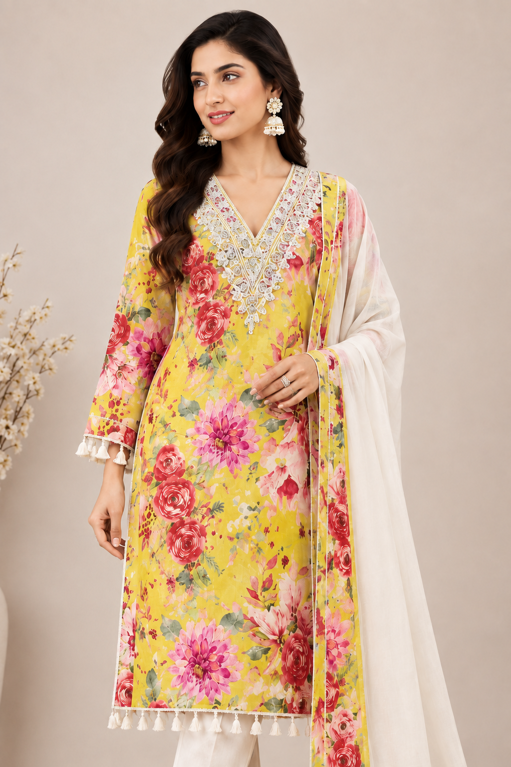 Women’s Yellow Floral Handwork Embroidered Cotton Kurta Set with Dupatta