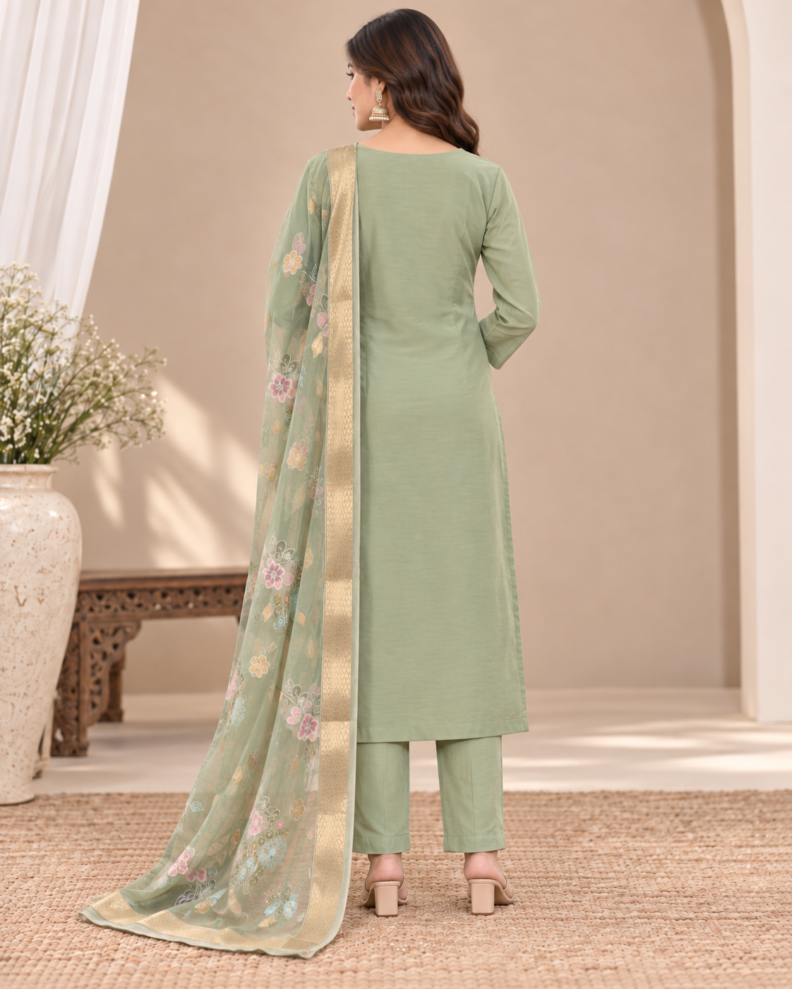 Sage Green Floral Embroidered Suit Set, Designer 3-Piece Salwar Suit with Embroidered Dupatta