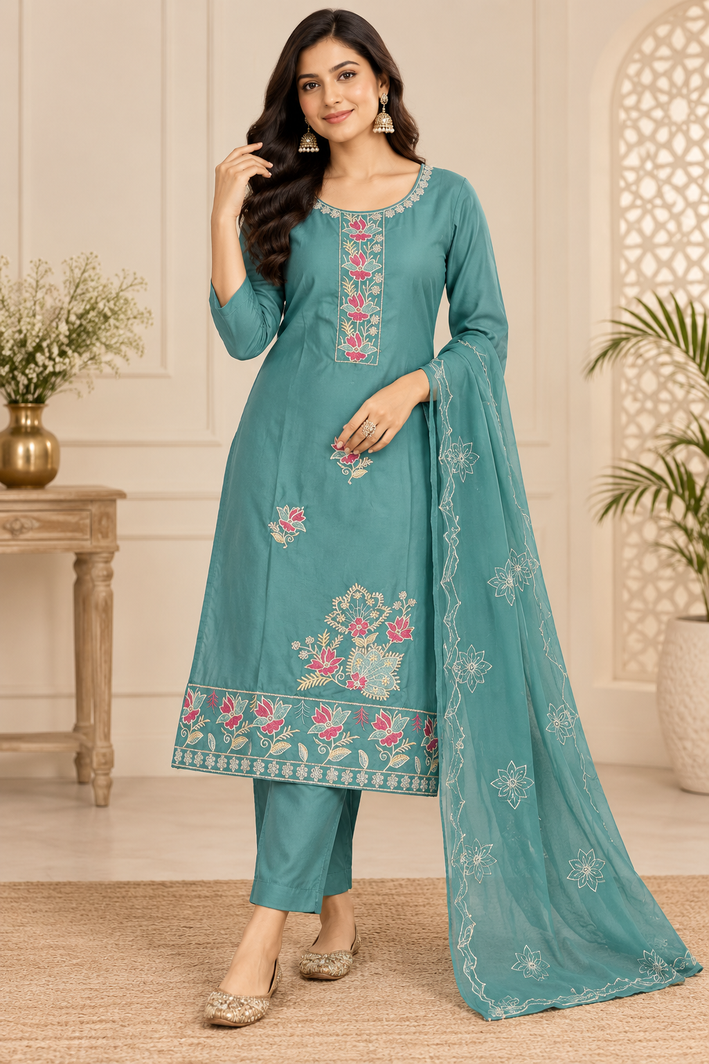 Teal Blue Floral Embroidered 3-Piece Suit Set, Floral Embroidery Kurta with Matching Pant & Dupatta