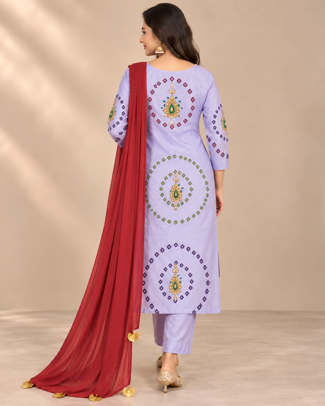 Women’s Lavender Cotton Printed Suit Material with Traditional Embroidery & Red Dupatta | Ethnic Dress Material