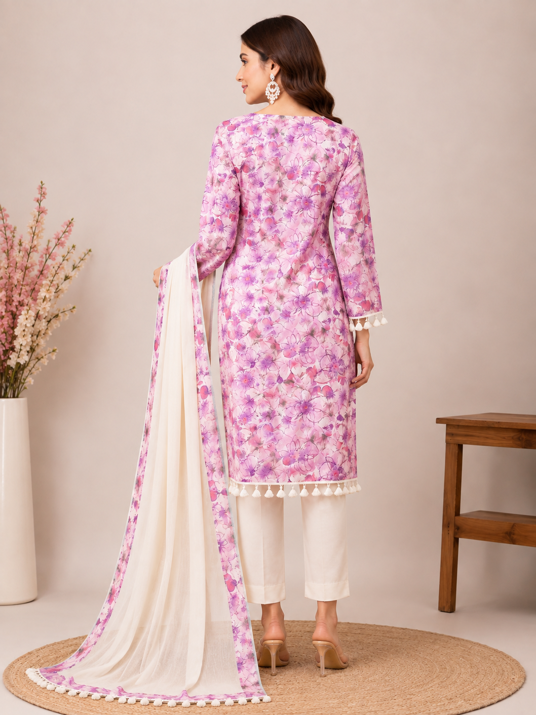 Women’s Lavender Floral Handwork Embroidered Cotton Kurta Set with Dupatta