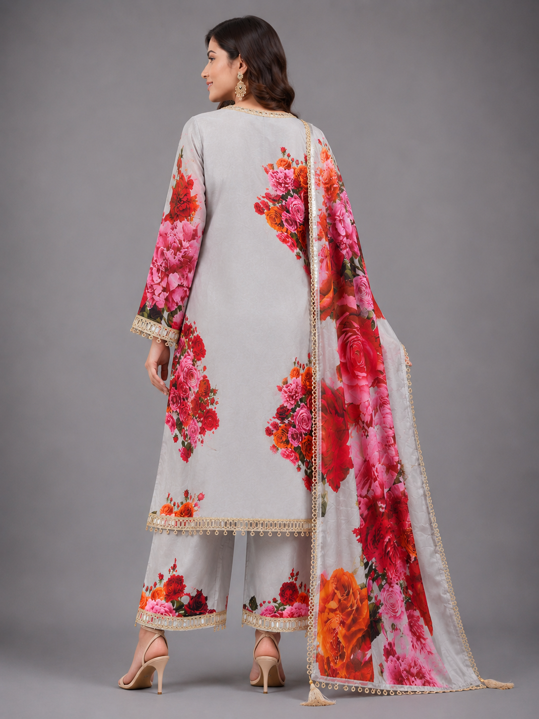 Women Light Grey Floral Printed Unstitched Suit Set with V-Neck Gota Patti Border & Matching Dupatta