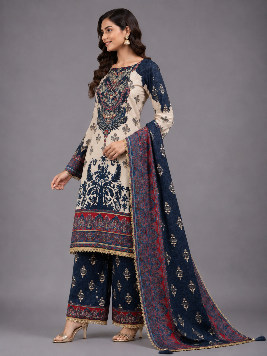 Traditional Navy & Cream Ornamental Printed 3-Piece Unstitched Suit Set with Lace Trims
