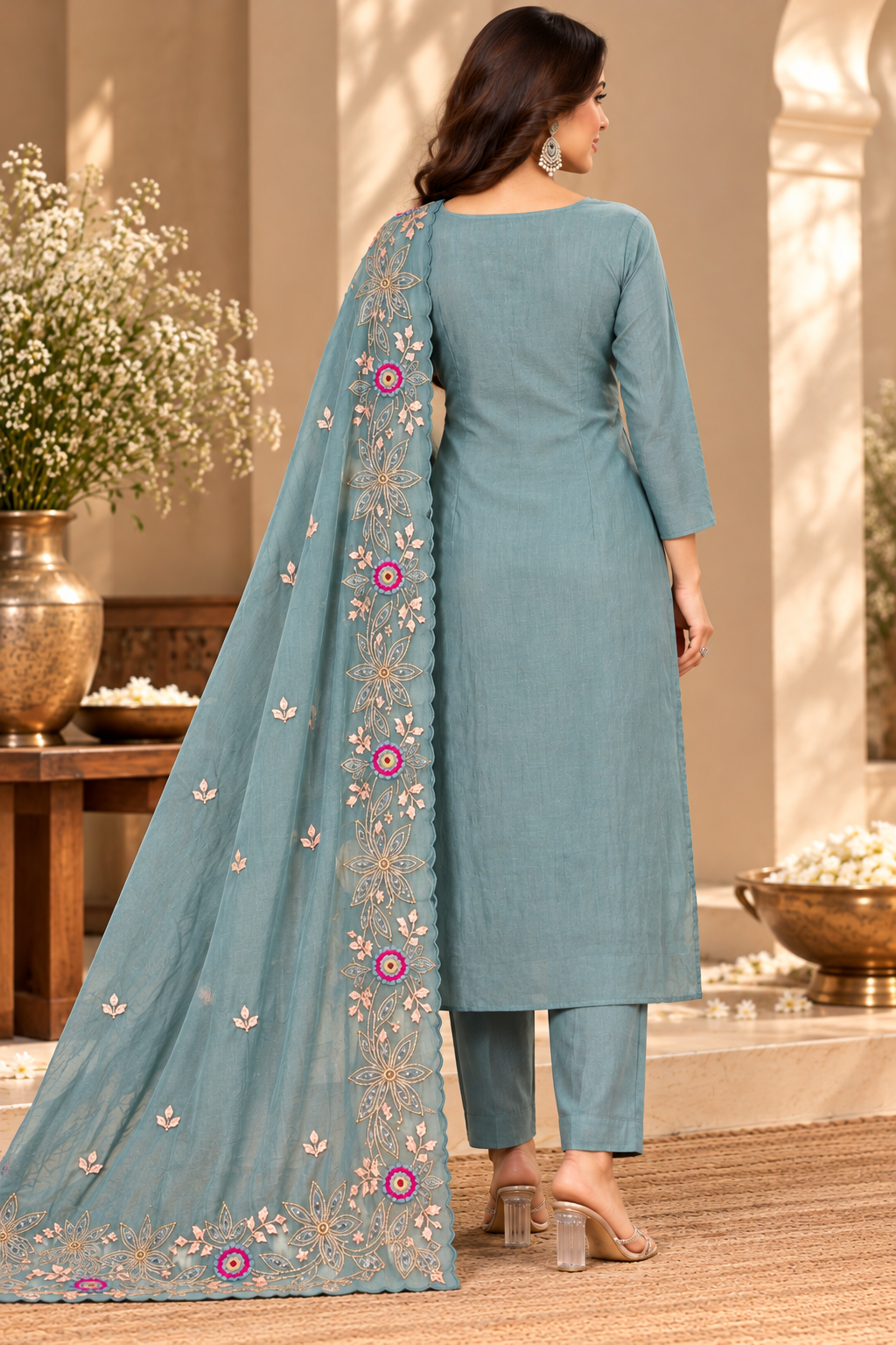 A woman models a light blue-green ethnic salwar kameez suit with intricate floral embroidery in gold, pink, and white, paired with matching trousers and a sheer dupatta, set against a warm beige architectural background.