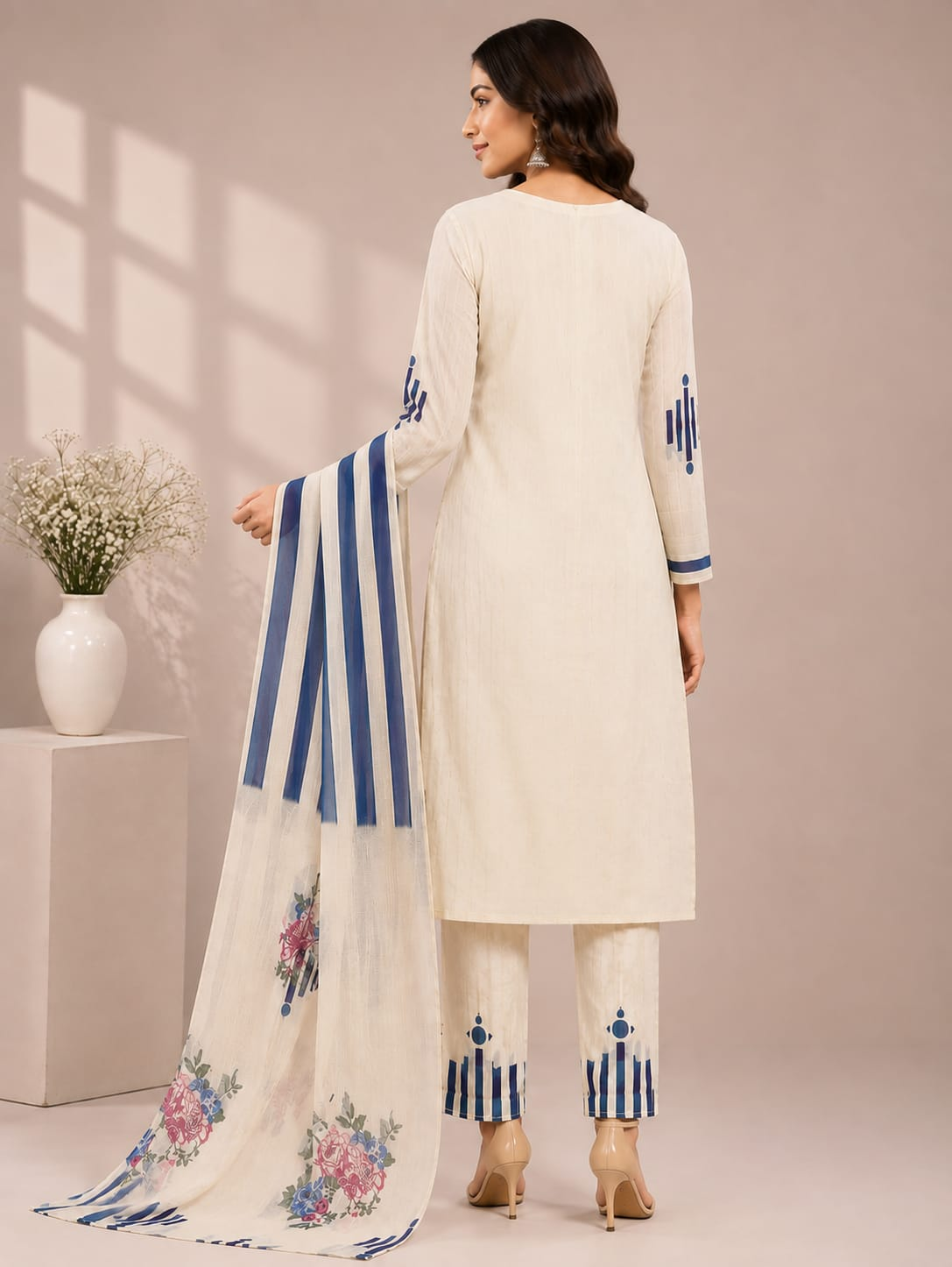 Women’s Sky Blue Printed Jam Satin Unstitched Suit Set with Embroidered Neck, Matching Bottom & Floral Dupatta