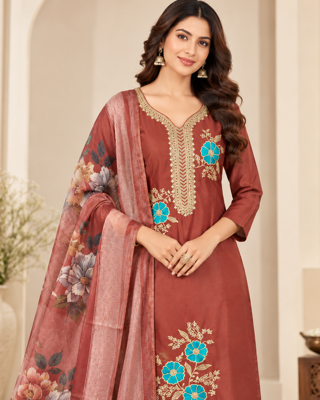 A woman models a traditional Indian salwar kameez suit set in a warm, neutral indoor setting. The set features a rust-brown kameez kurta with gold and turquoise embroidery, matching brown pants, and a sheer dusty-rose dupatta with a floral print.