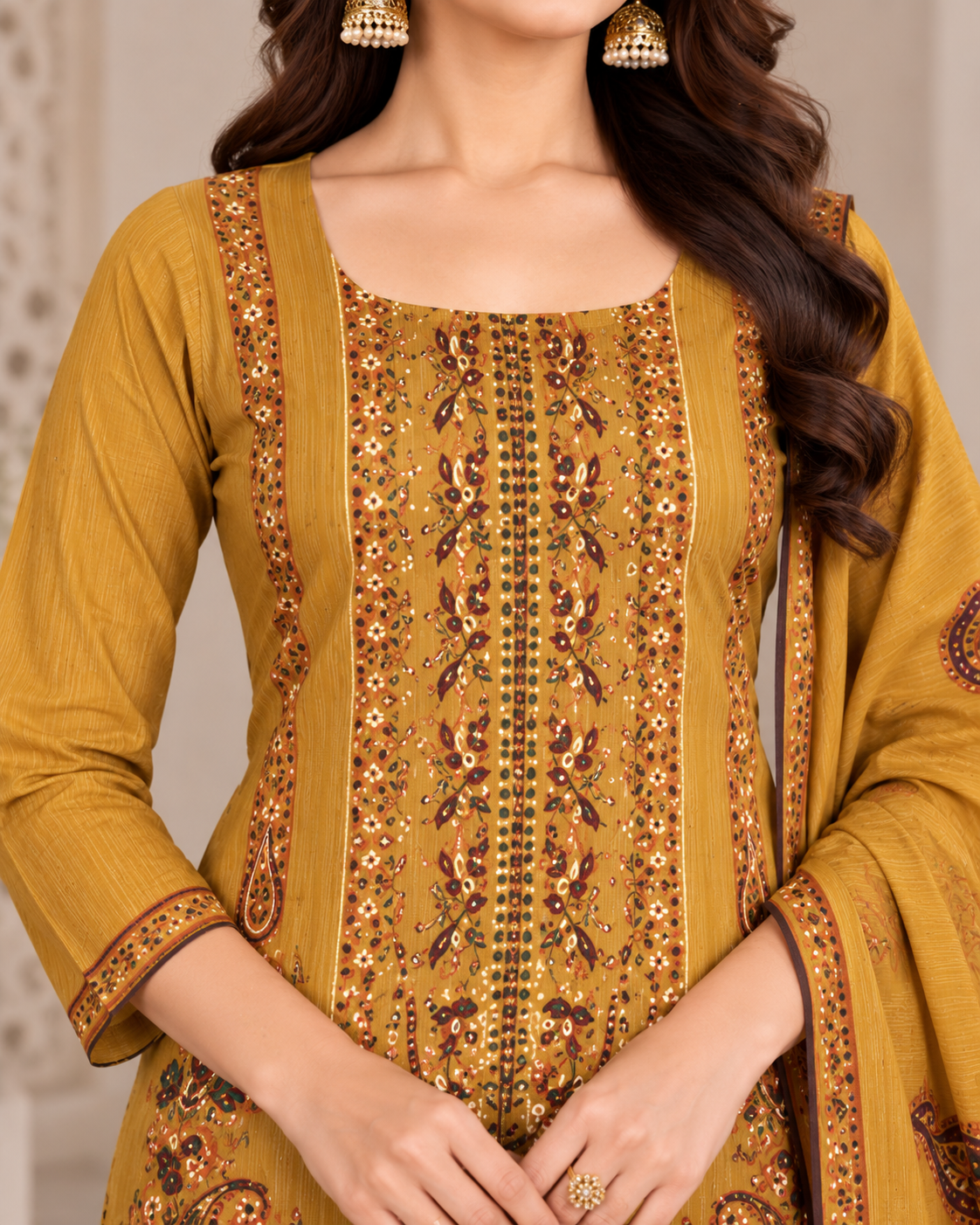 A woman models a mustard yellow ethnic salwar kameez suit with intricate multicolor embroidery and a matching paisley dupatta in a beautifully decorated indoor setting.